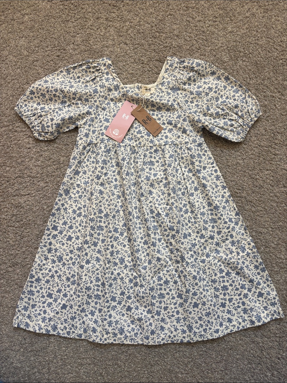 Rabbit + Bear Cream Dress with Blue Floral Print and Puff Sleeves girls 6T